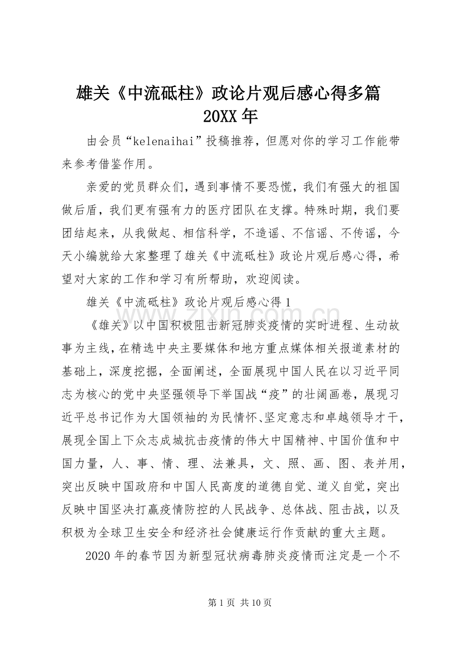 雄关《中流砥柱》政论片观后感心得多篇20XX年.docx_第1页