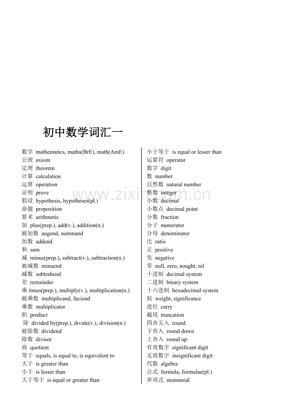 初中数学英语专业术语打印版(2).doc_第1页