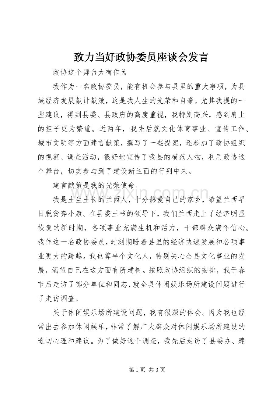 致力当好政协委员座谈会发言.docx_第1页