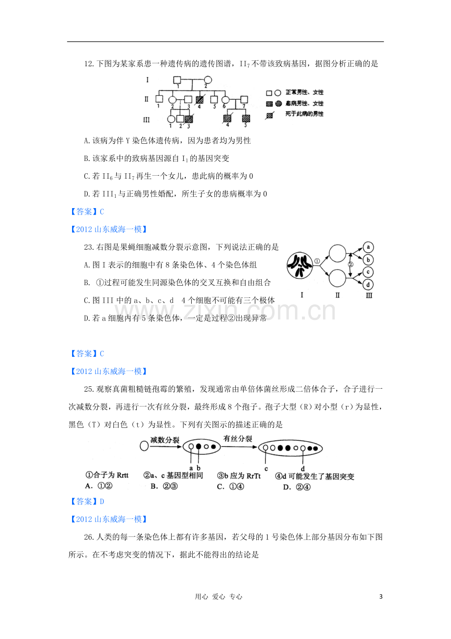 山东省2012高三生物-各地一模分类汇编6-遗传的细胞学基础和遗传定律(选择题部分).doc_第3页