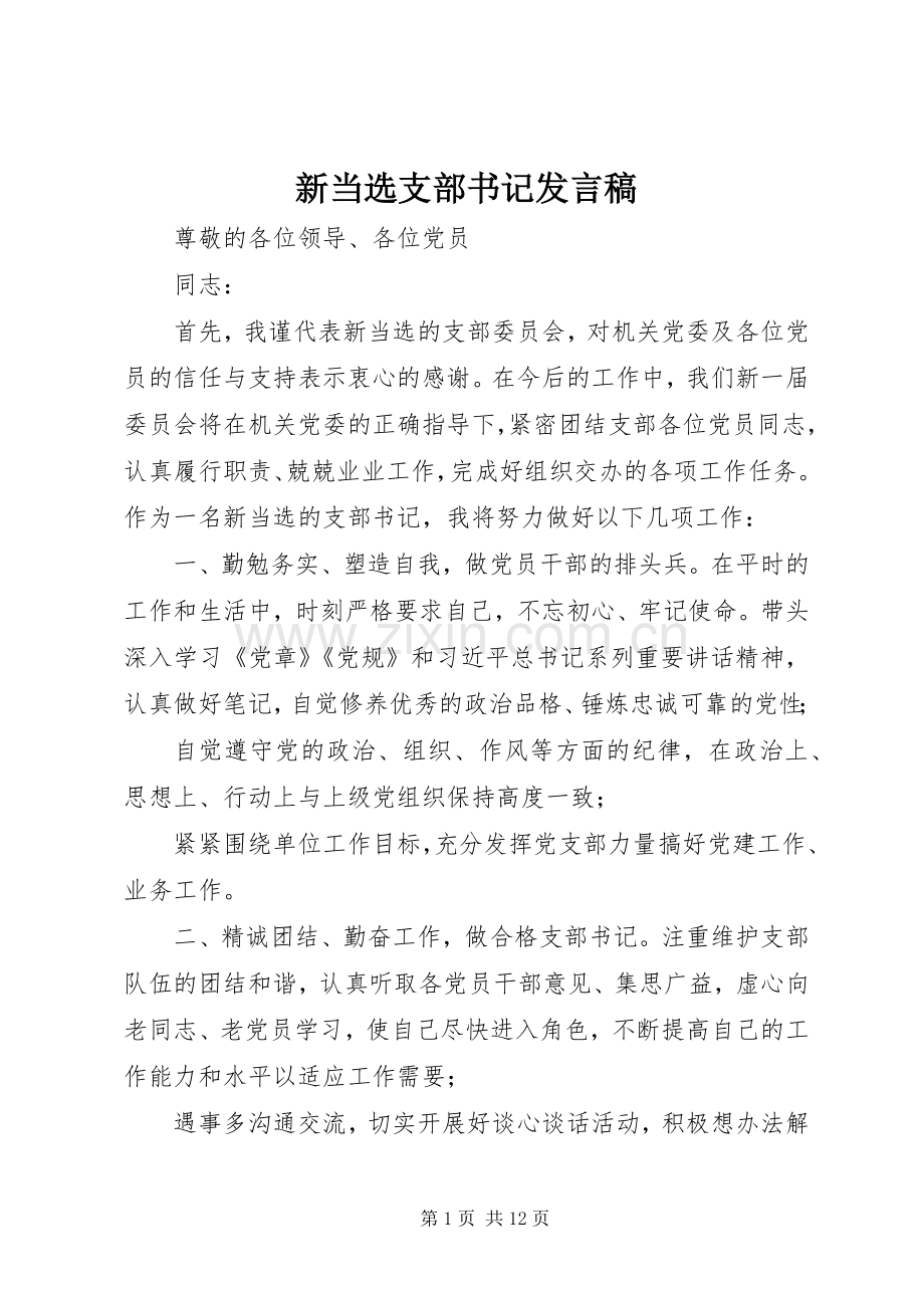 新当选支部书记发言稿.docx_第1页