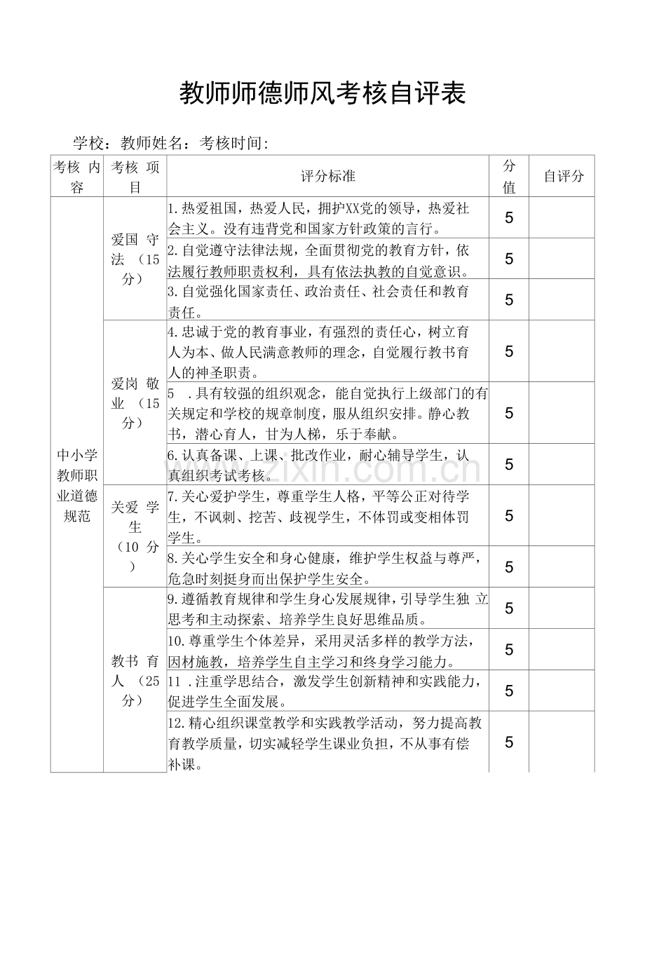 教师师德师风考核自评表.docx_第1页