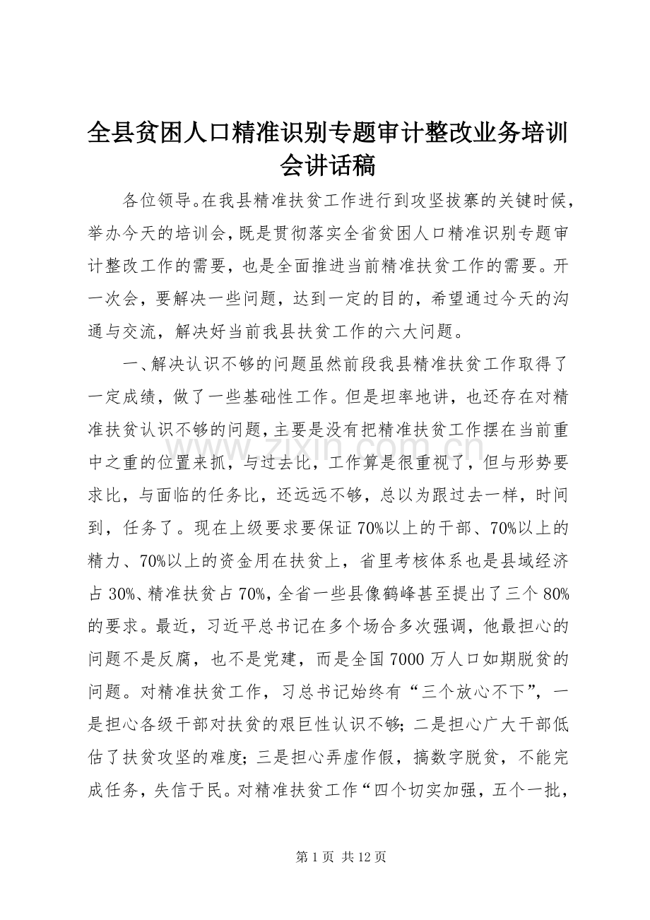 全县贫困人口精准识别专题审计整改业务培训会讲话稿.docx_第1页