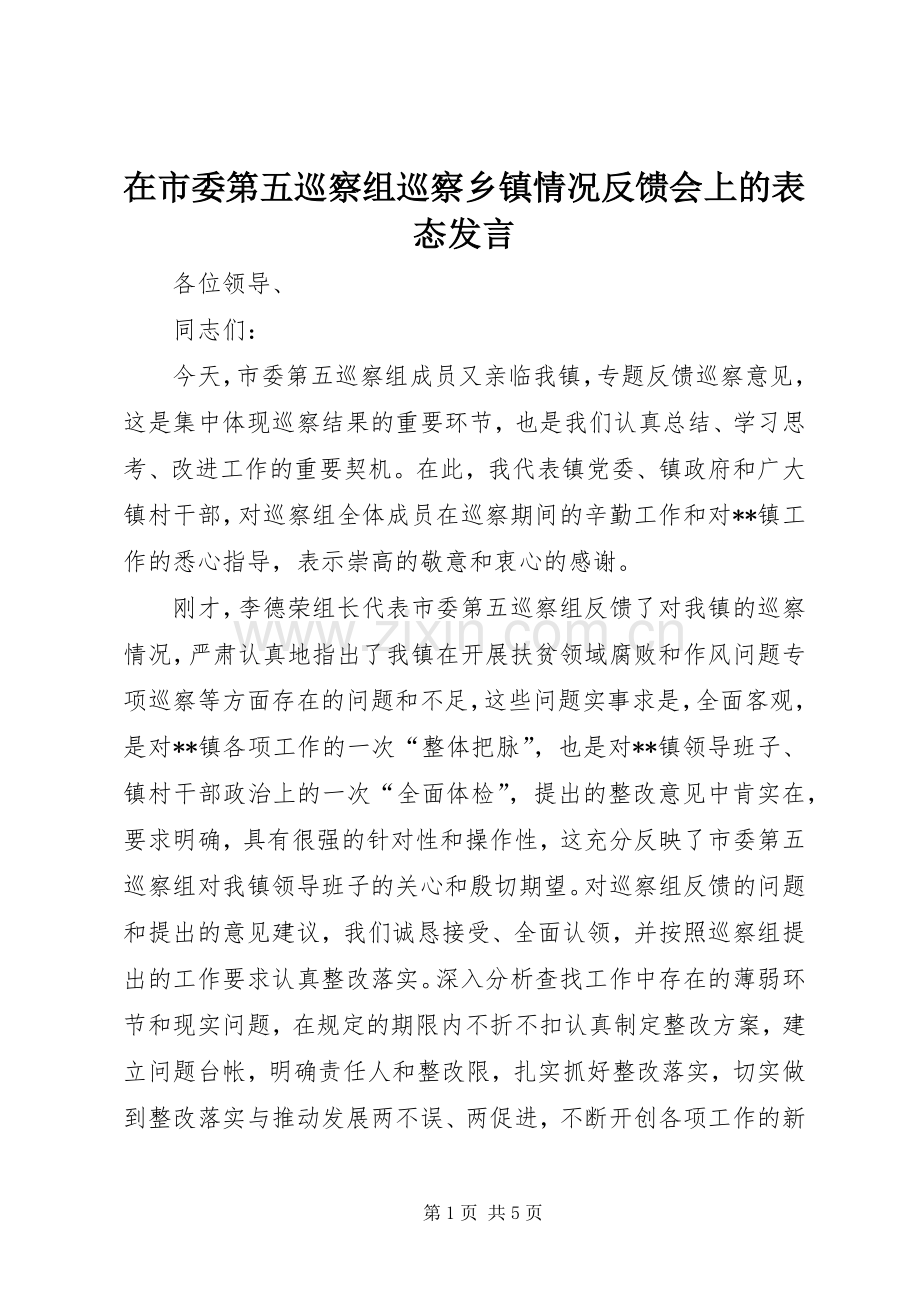 在市委第五巡察组巡察乡镇情况反馈会上的表态发言.docx_第1页