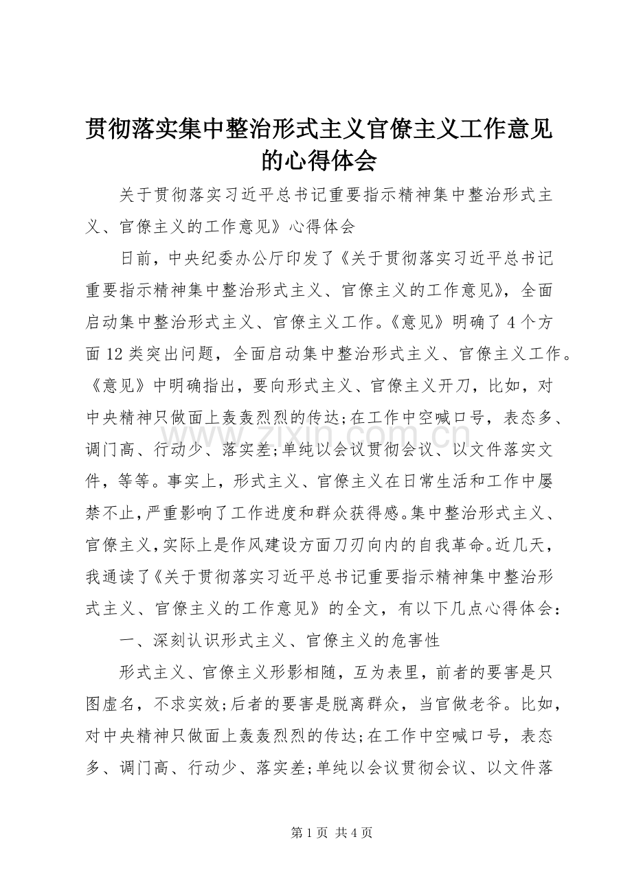 贯彻落实集中整治形式主义官僚主义工作意见的心得体会.docx_第1页