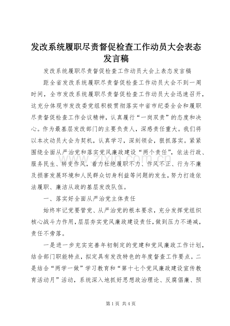 发改系统履职尽责督促检查工作动员大会表态发言稿.docx_第1页