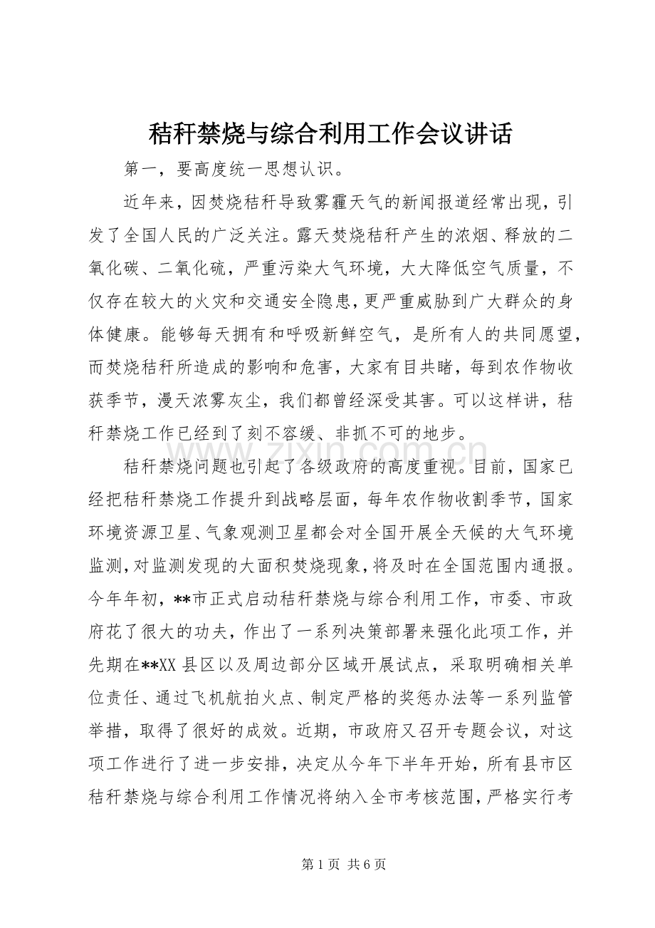 秸秆禁烧与综合利用工作会议讲话.docx_第1页