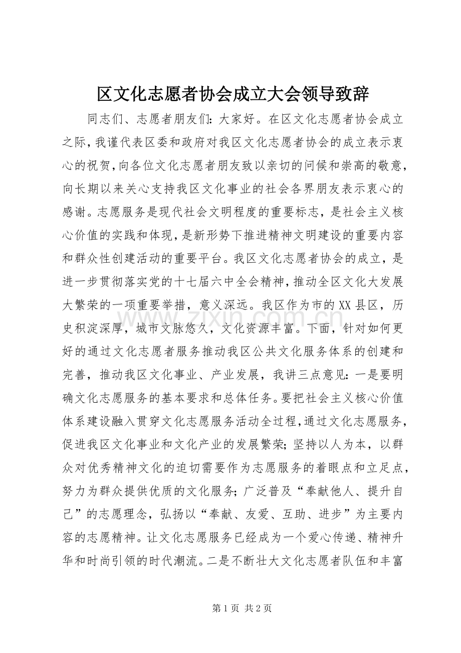 区文化志愿者协会成立大会领导致辞.docx_第1页