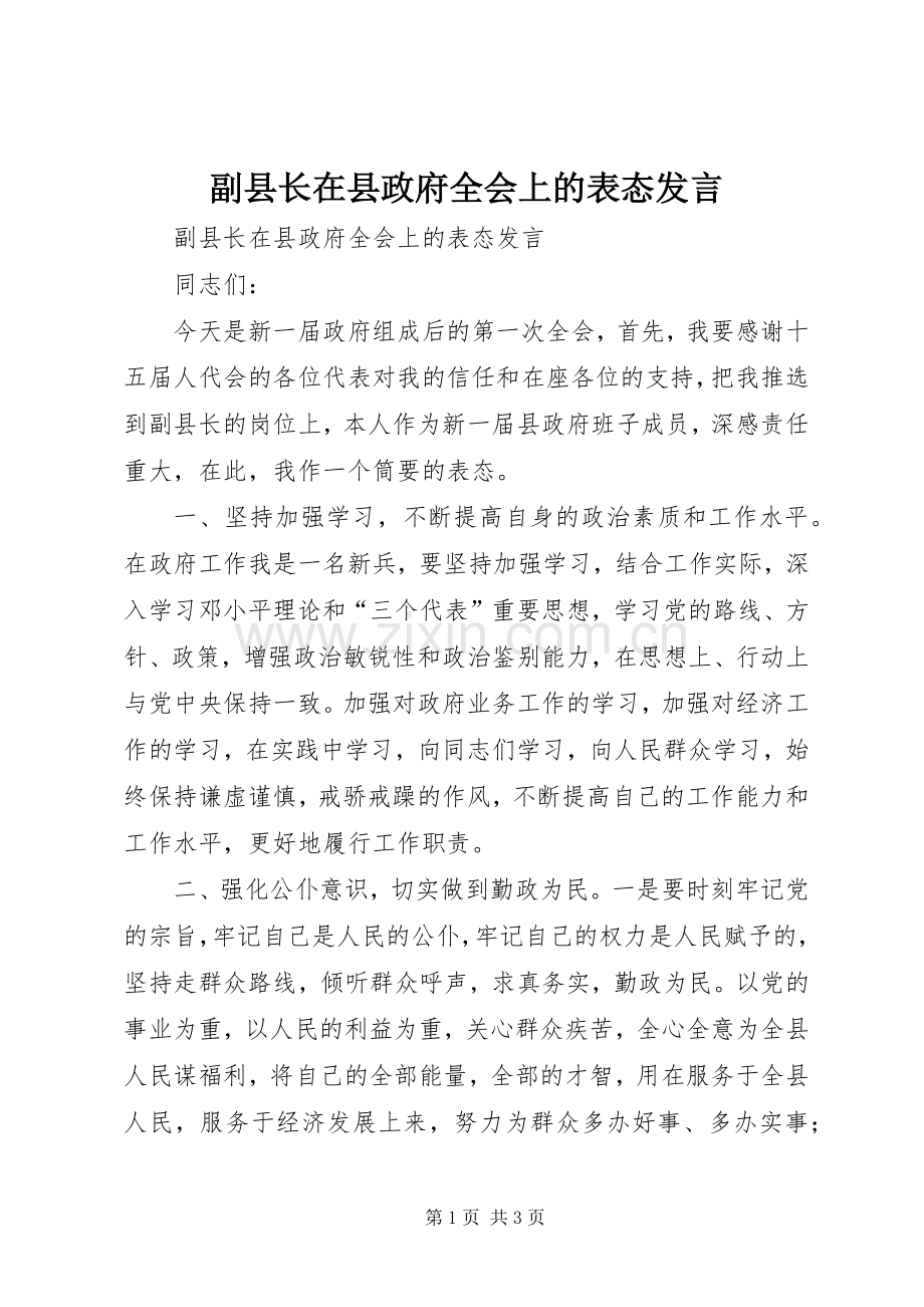 副县长在县政府全会上的表态发言.docx_第1页