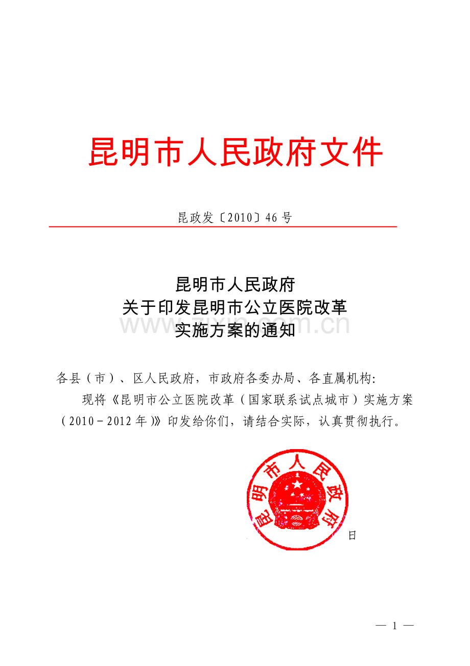 昆明公立医院改制工作实施意见.doc_第1页