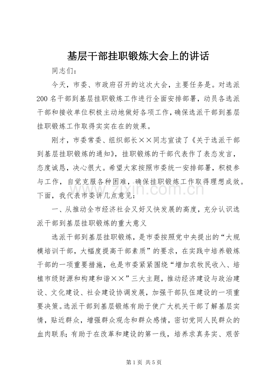 基层干部挂职锻炼大会上的讲话.docx_第1页