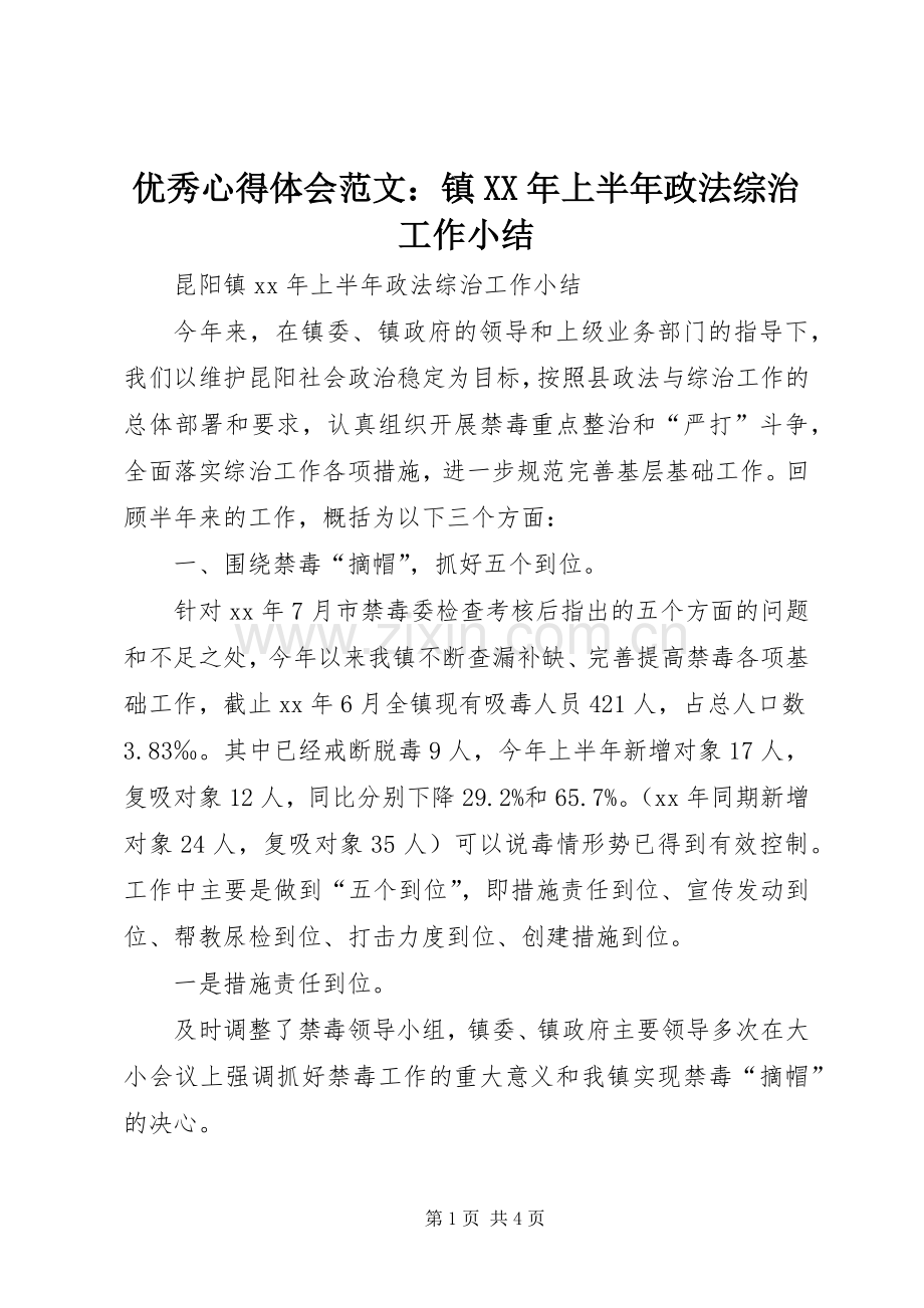 优秀心得体会范文：镇XX年上半年政法综治工作小结.docx_第1页