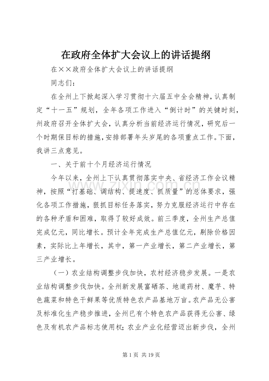 在政府全体扩大会议上的讲话提纲.docx_第1页