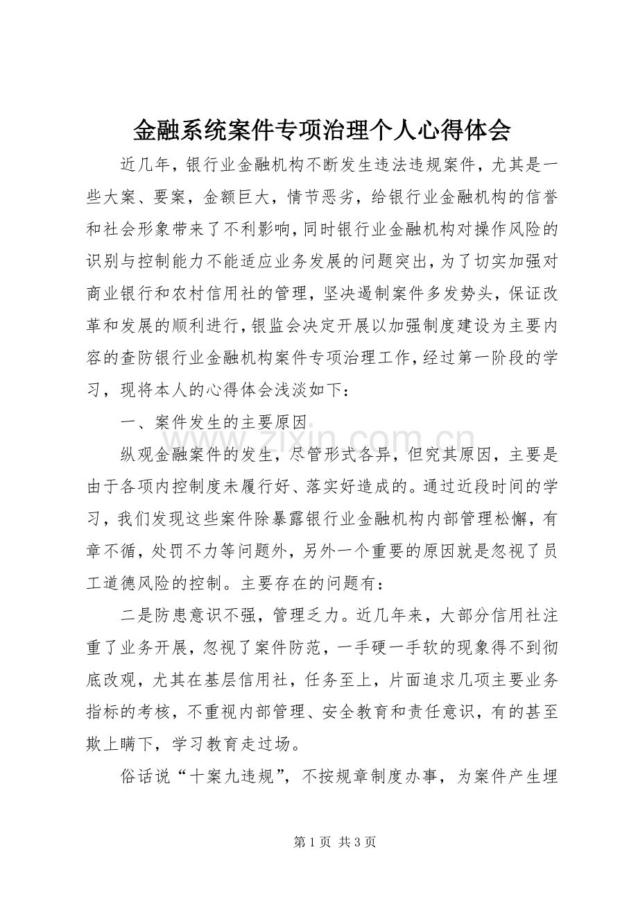 金融系统案件专项治理个人心得体会.docx_第1页