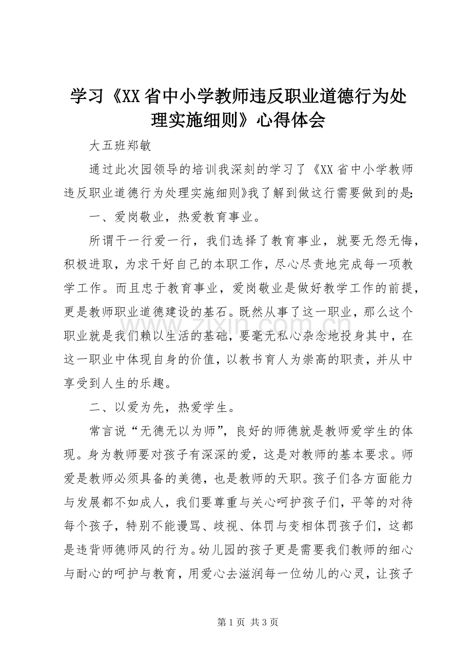 学习《XX省中小学教师违反职业道德行为处理实施细则》心得体会.docx_第1页