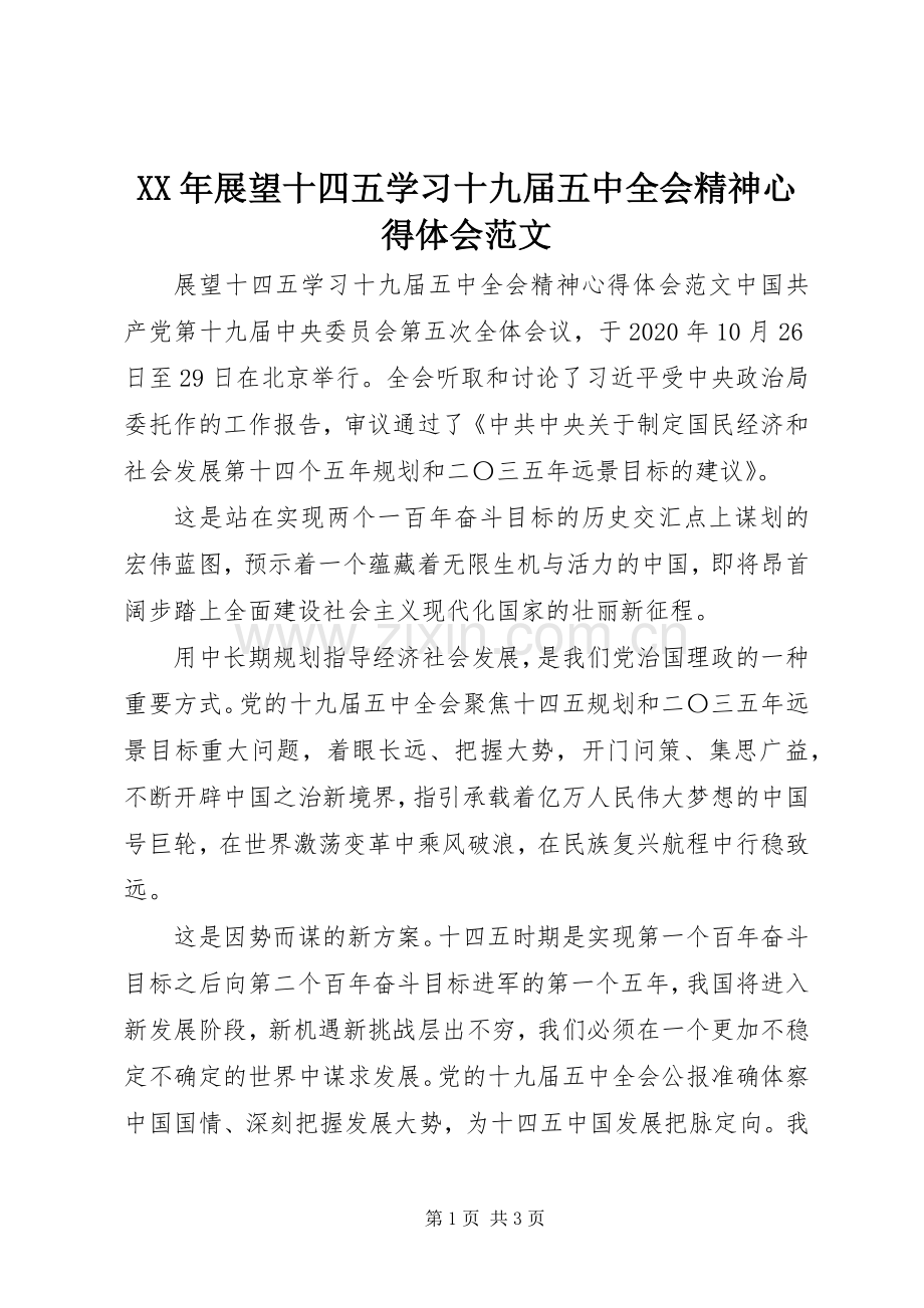 XX年展望十四五学习十九届五中全会精神心得体会范文.docx_第1页