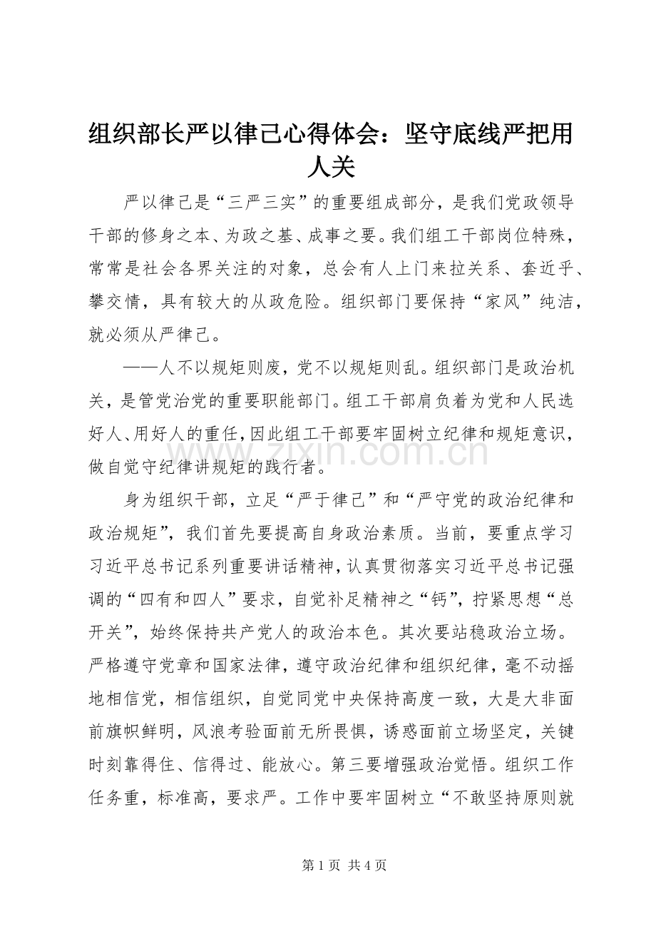 组织部长严以律己心得体会：坚守底线严把用人关.docx_第1页