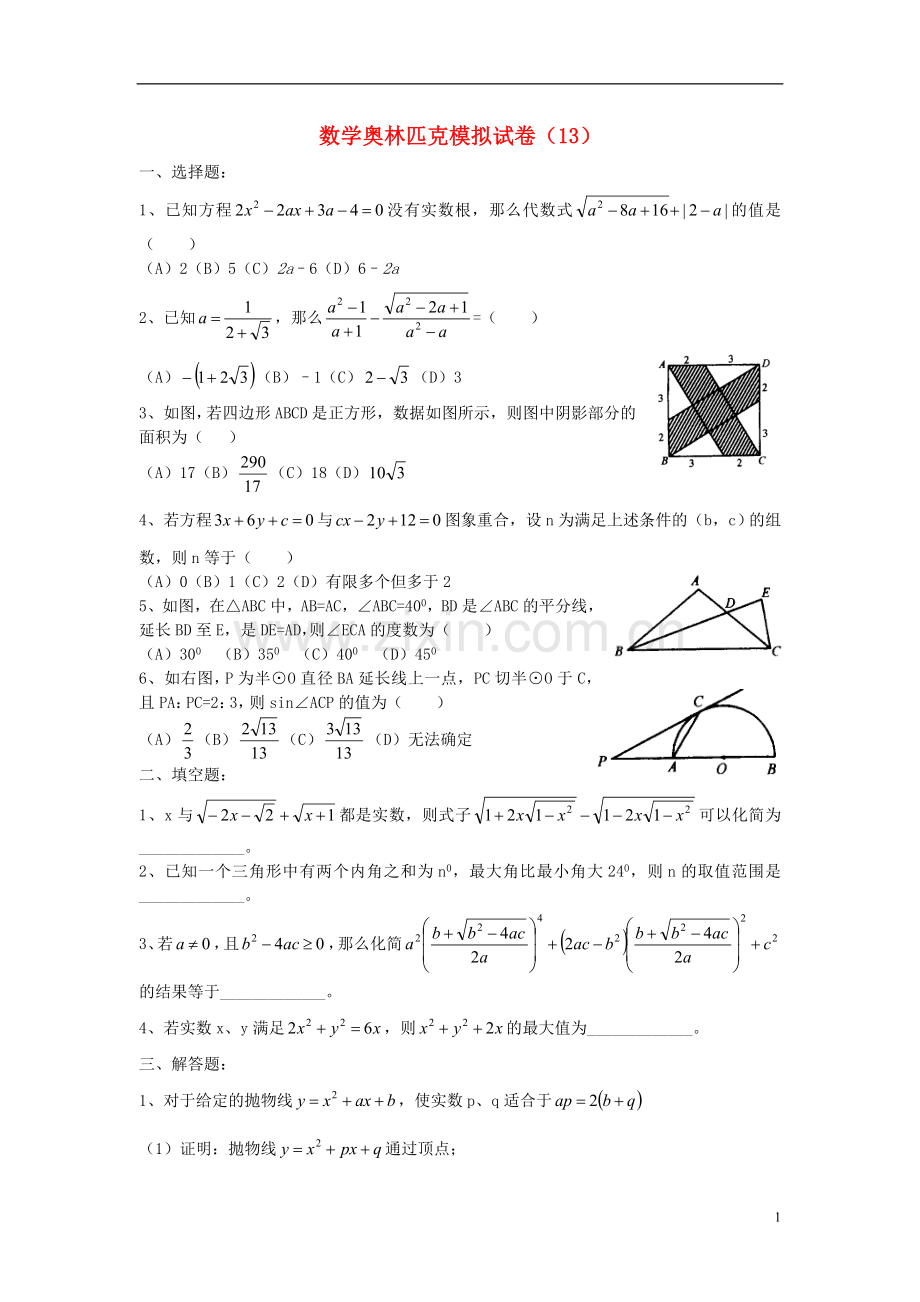 初中数学奥林匹克模拟试卷(13).doc_第1页