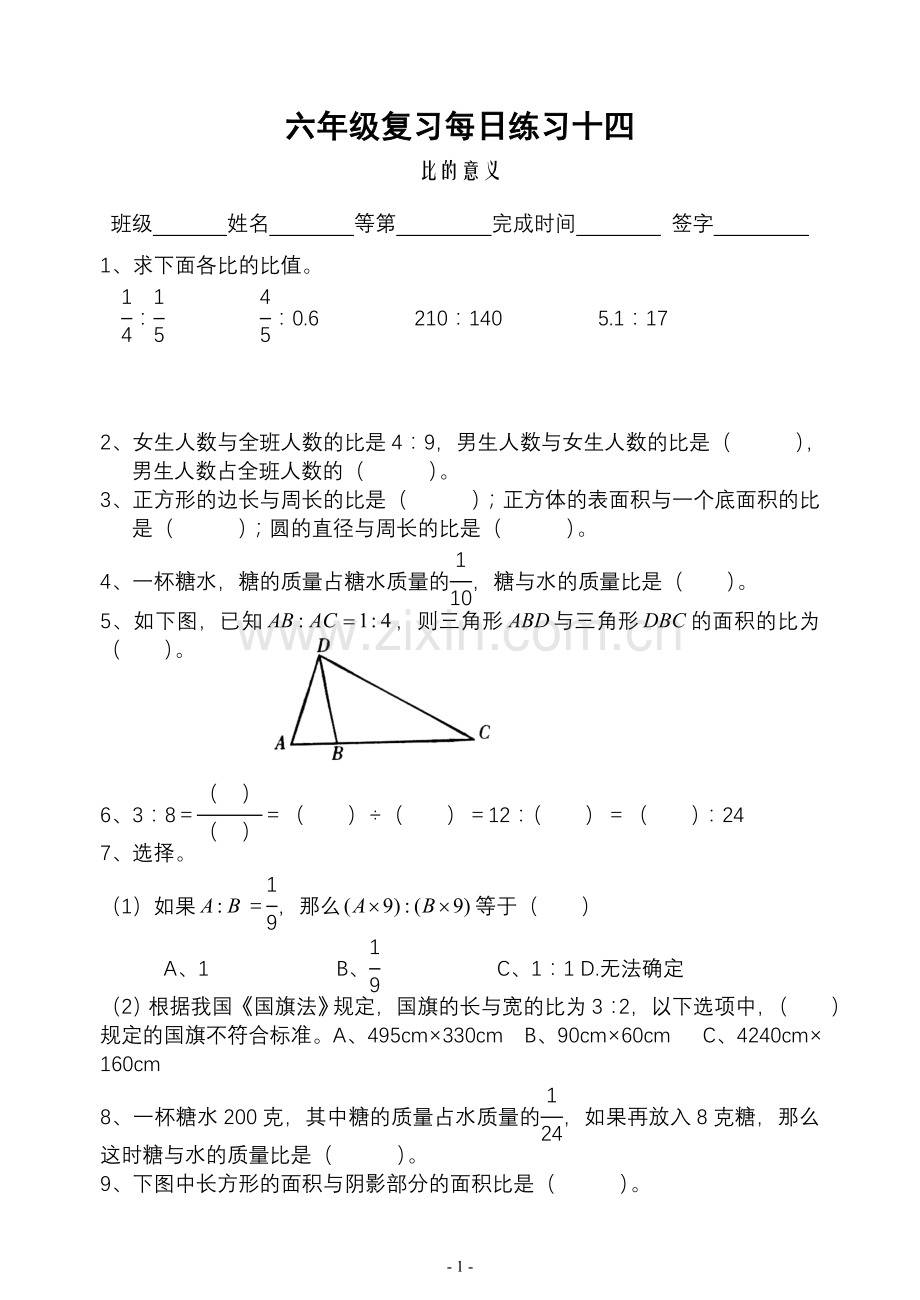 六年级复习每日练习14比的意义.doc_第1页