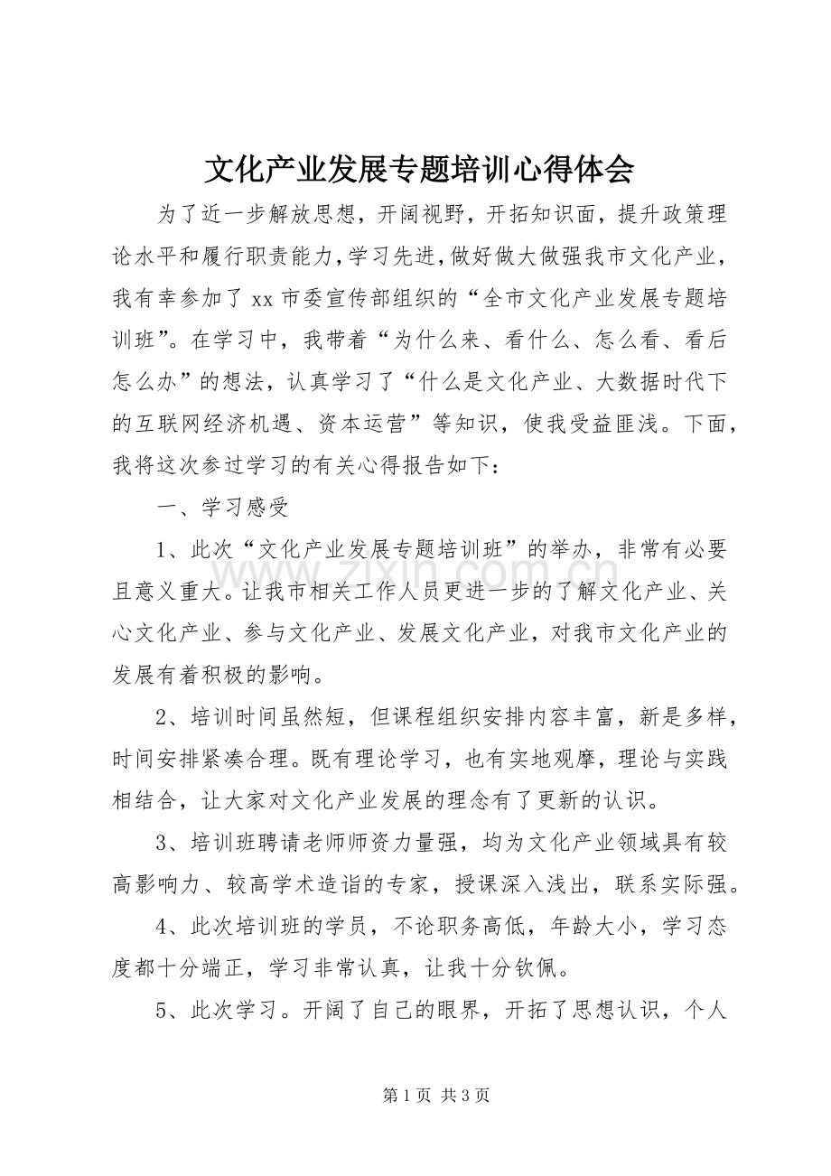 文化产业发展专题培训心得体会.docx_第1页