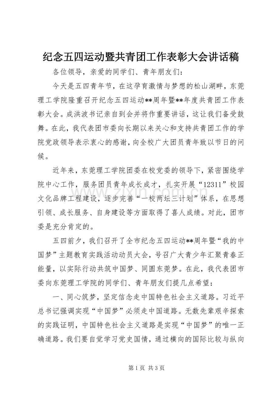 纪念五四运动暨共青团工作表彰大会讲话稿.docx_第1页