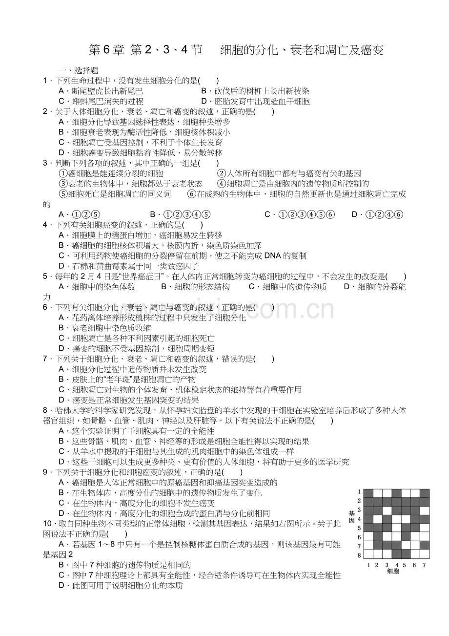 第6章-第2、3、4节---细胞的分化、衰老和凋亡及癌变附答案.doc_第1页