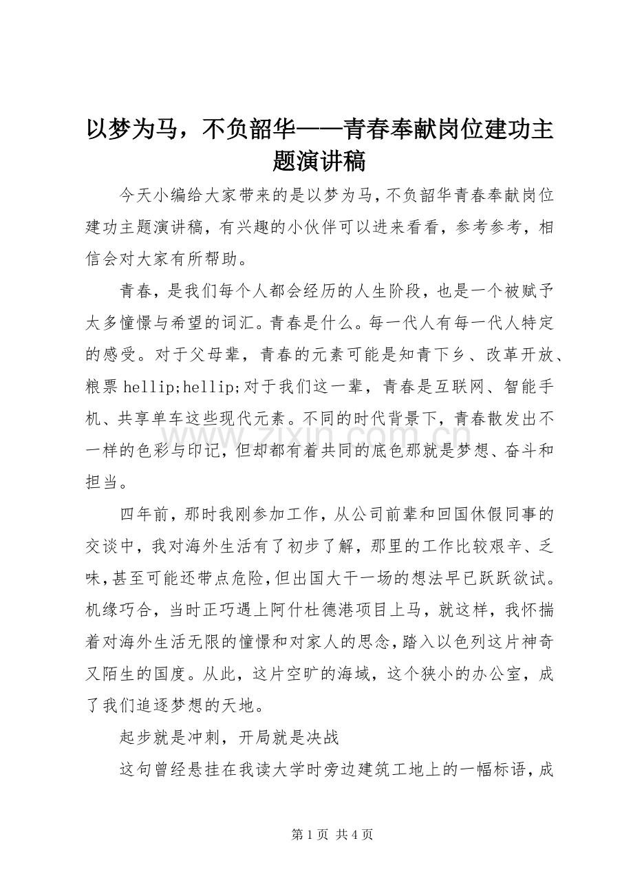 以梦为马不负韶华——青春奉献岗位建功主题演讲稿.docx_第1页