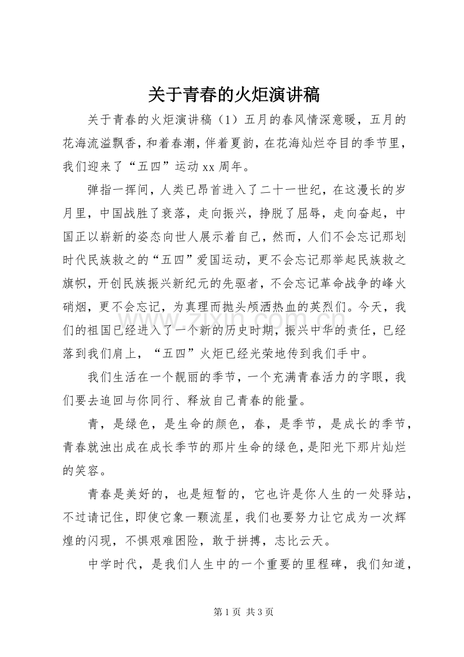 关于青春的火炬演讲稿.docx_第1页