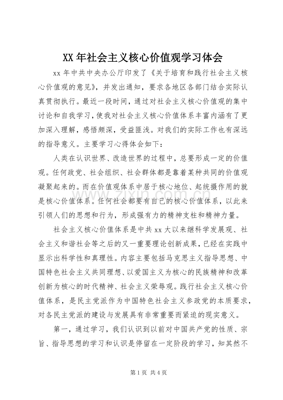 XX年社会主义核心价值观学习体会.docx_第1页