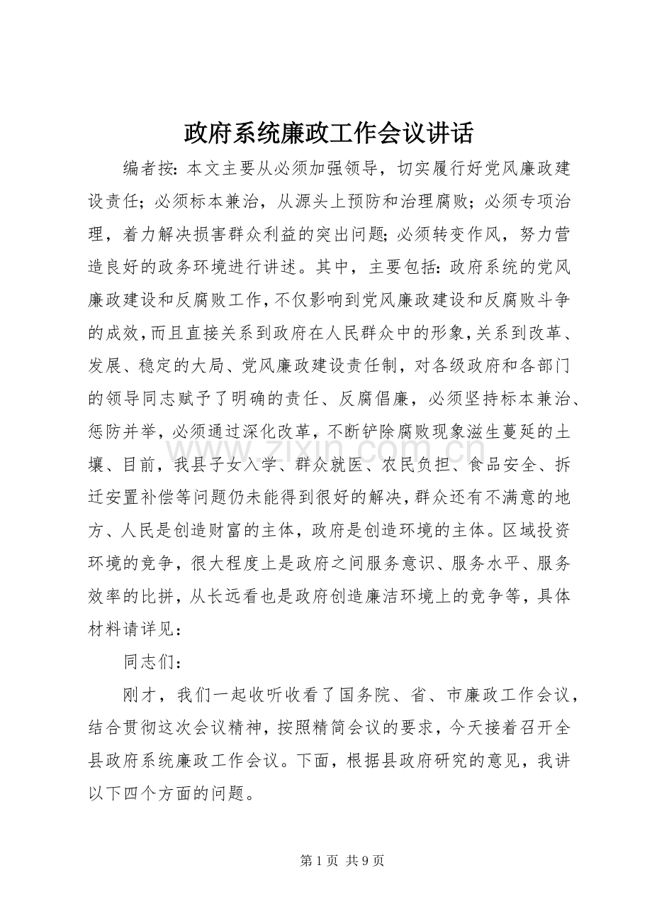 政府系统廉政工作会议讲话.docx_第1页