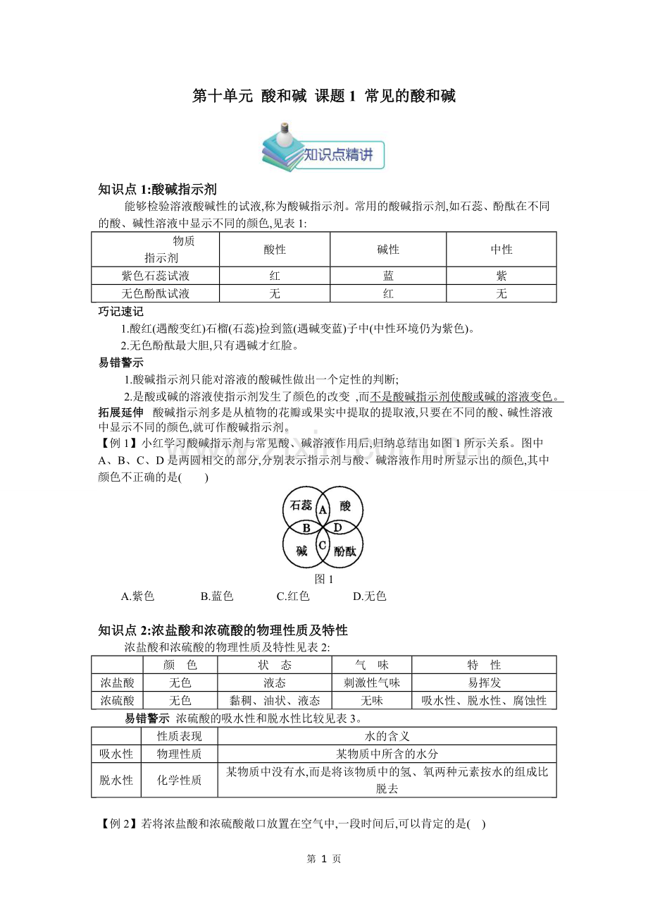 人教版九年级化学下册第十单元酸和碱知识点.doc_第1页