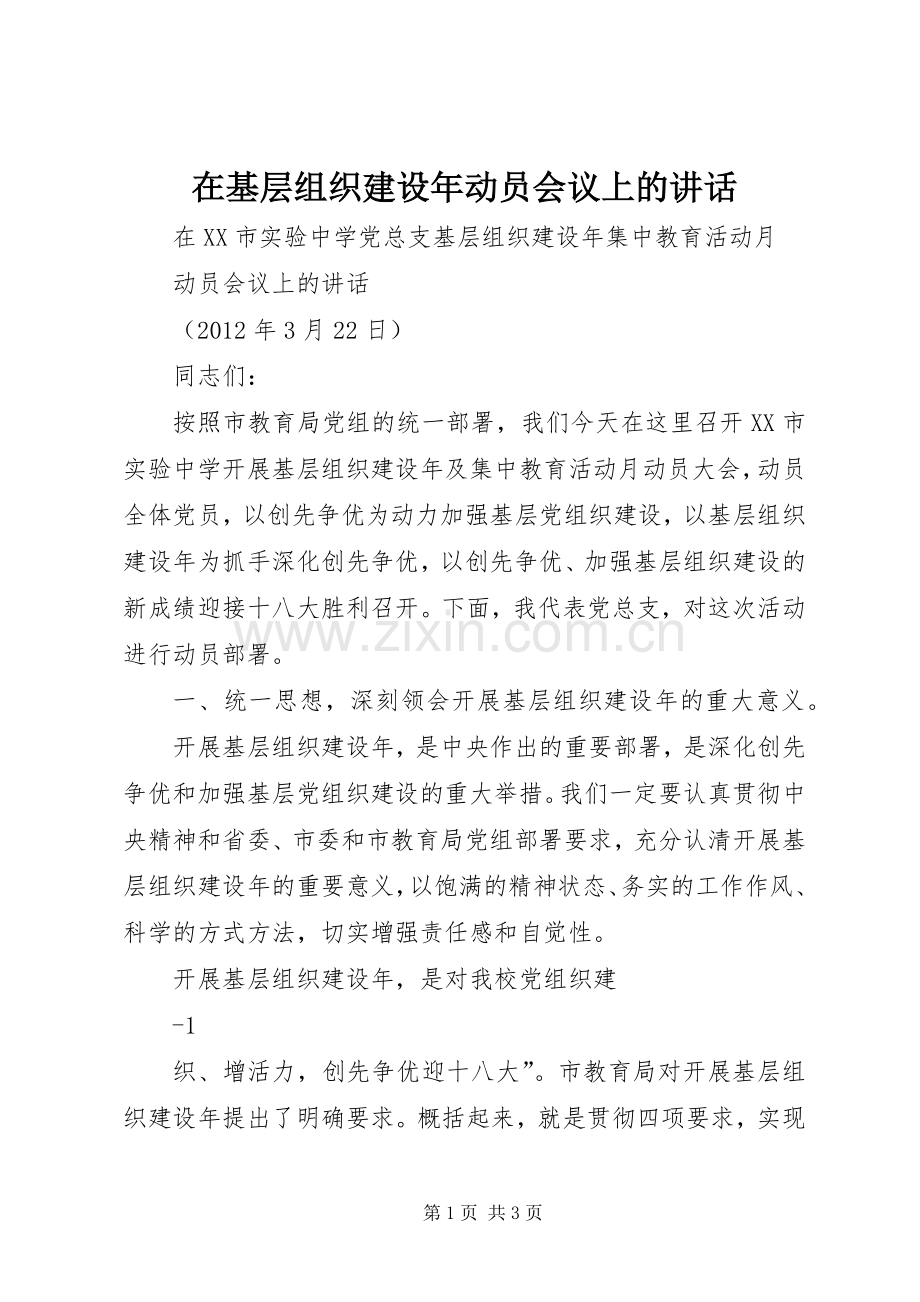 在基层组织建设年动员会议上的讲话.docx_第1页