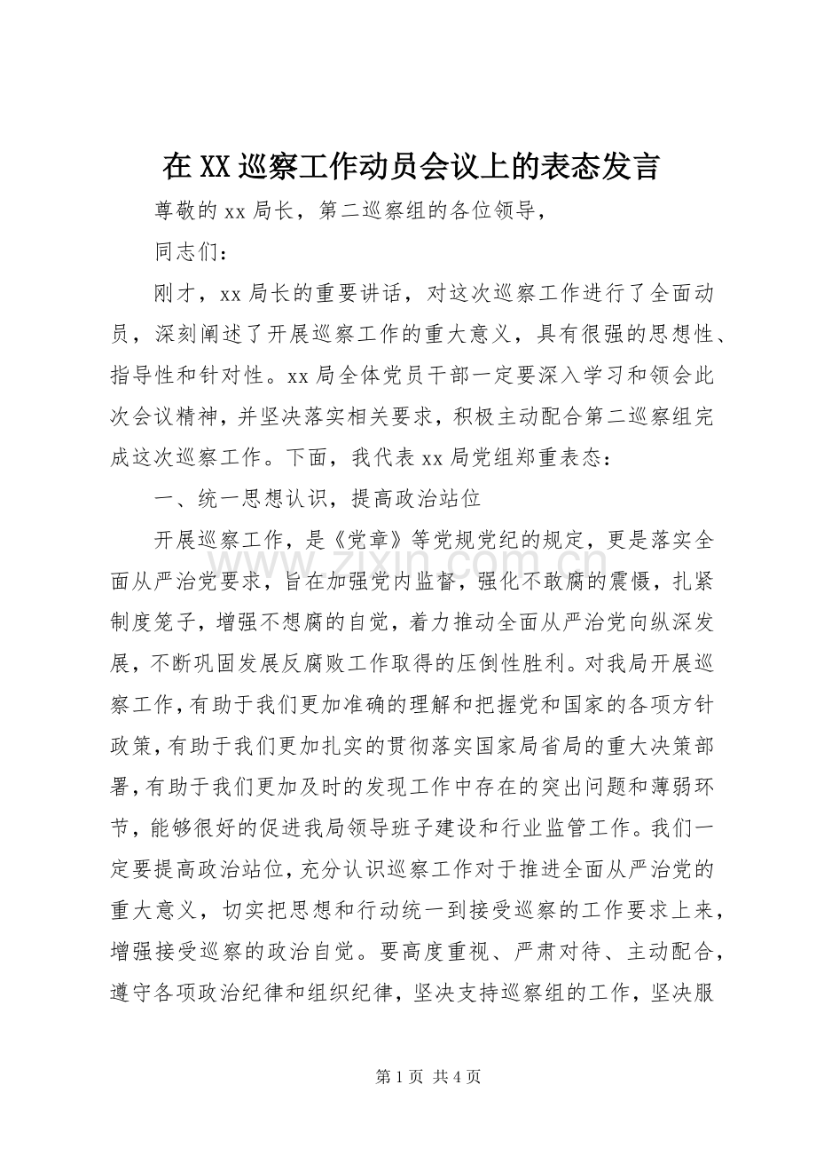 在XX巡察工作动员会议上的表态发言.docx_第1页