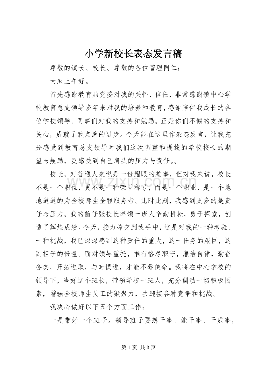 小学新校长表态发言稿.docx_第1页