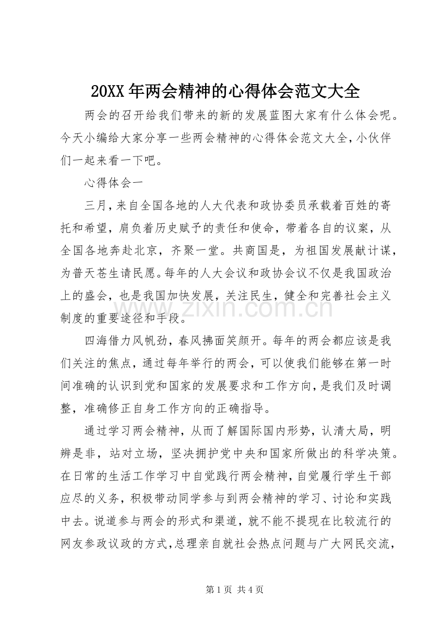 20XX年两会精神的心得体会范文大全.docx_第1页