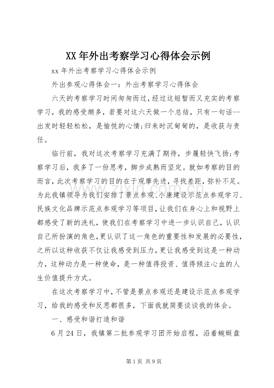 XX年外出考察学习心得体会示例.docx_第1页