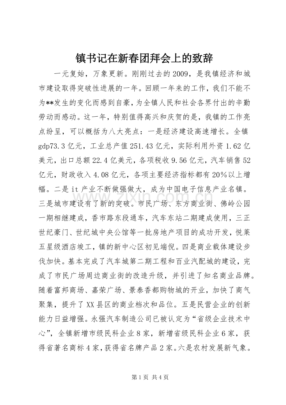 镇书记在新春团拜会上的致辞.docx_第1页