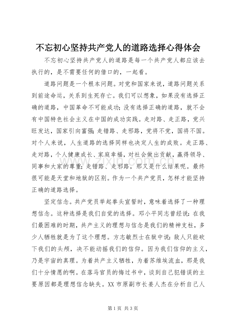 不忘初心坚持共产党人的道路选择心得体会.docx_第1页