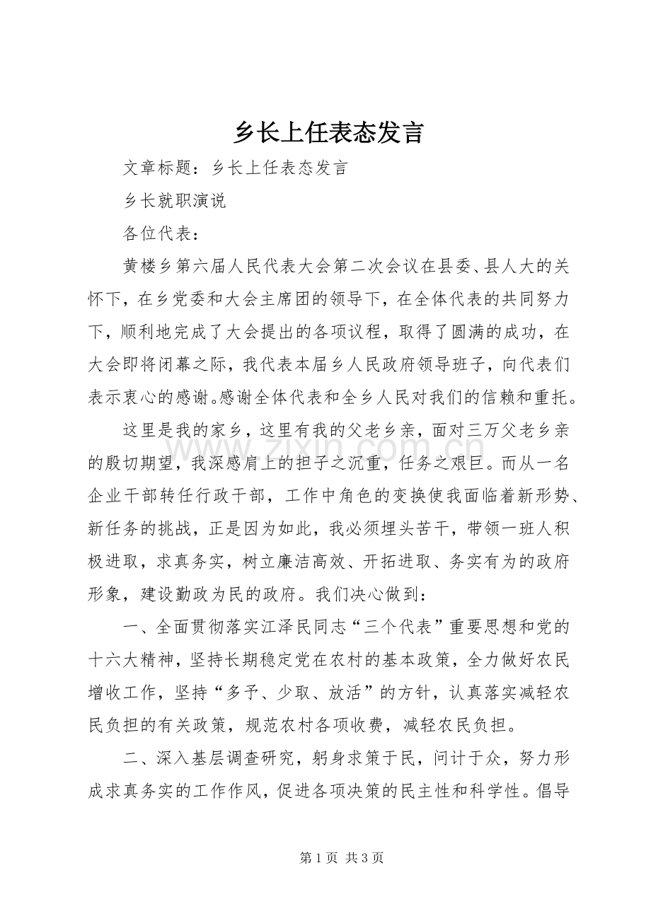 乡长上任表态发言.docx_第1页