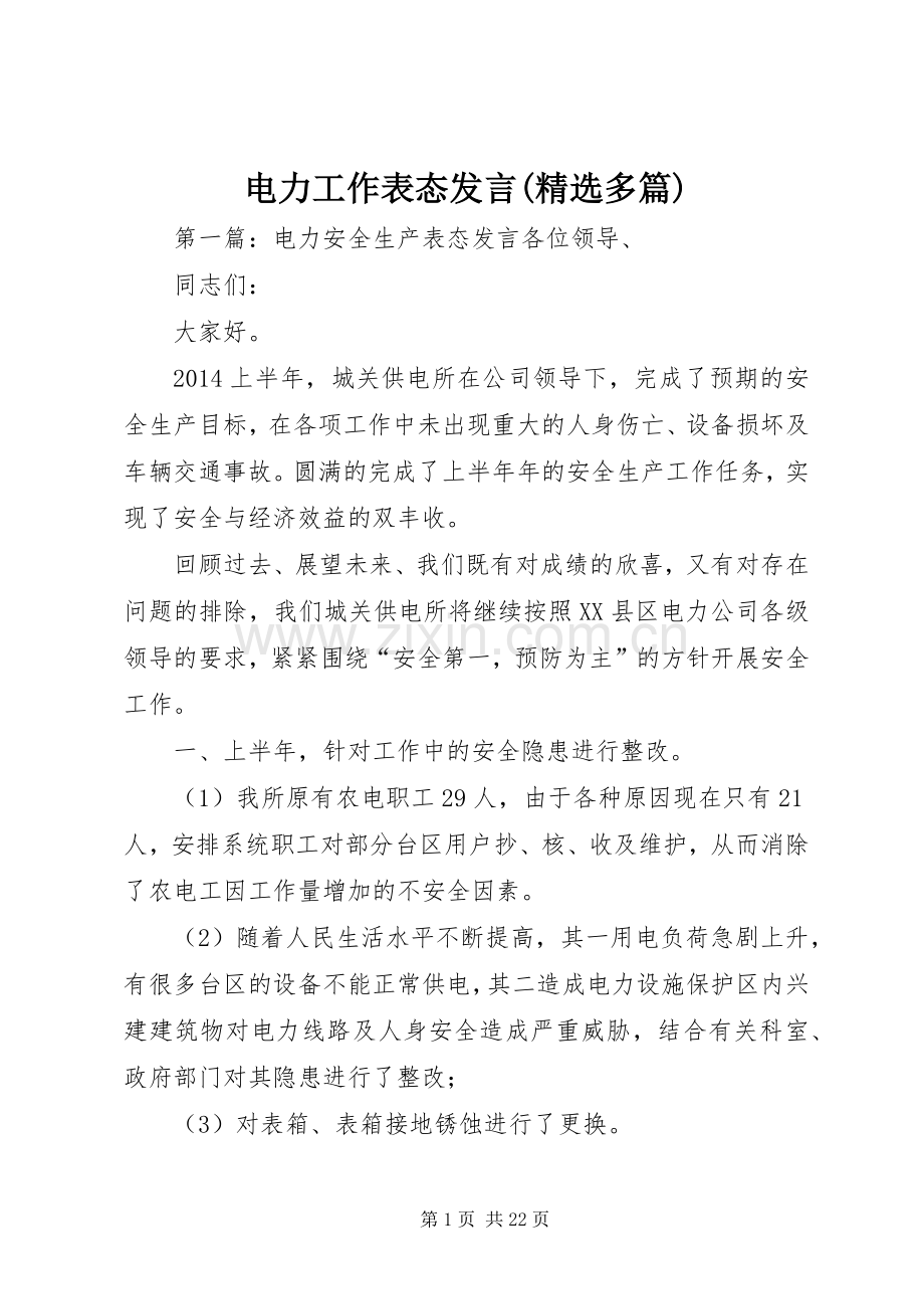 电力工作表态发言(多篇).docx_第1页