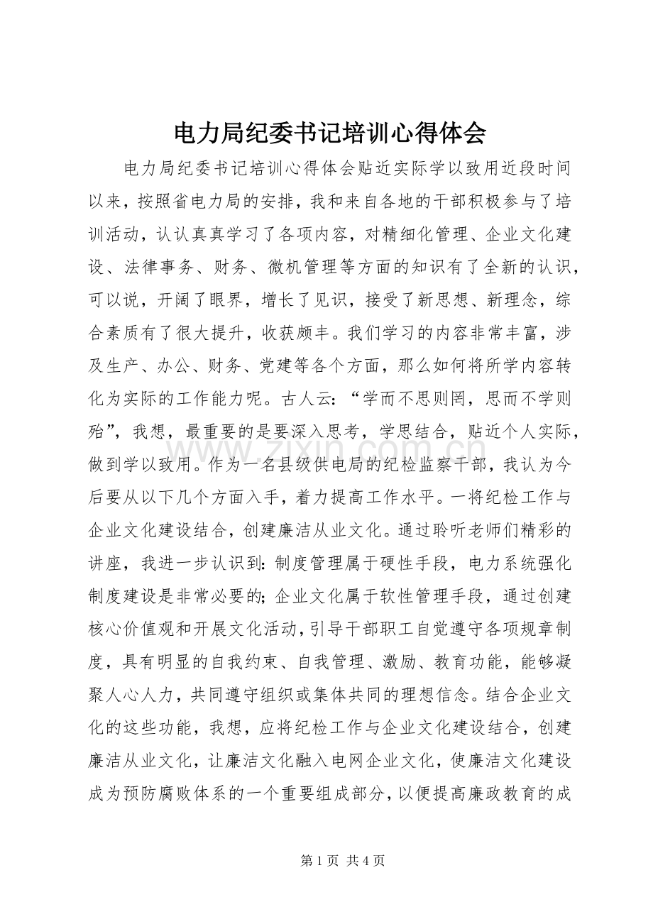 电力局纪委书记培训心得体会.docx_第1页