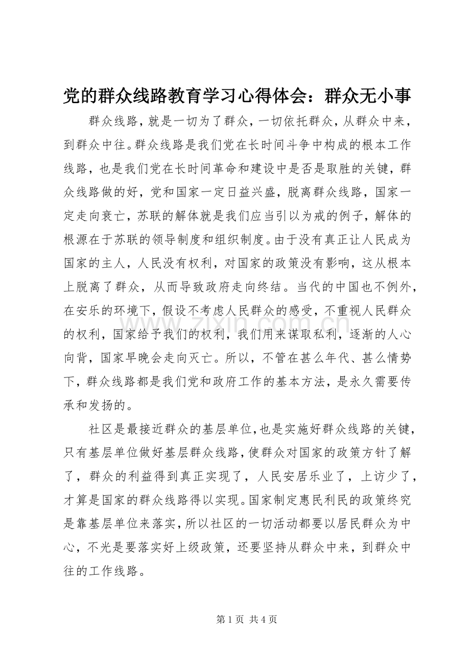 党的群众线路教育学习心得体会：群众无小事.docx_第1页