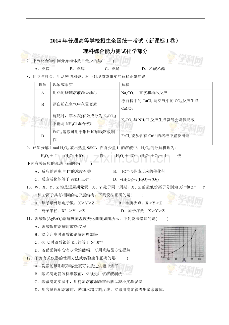 2014年普通高等学校招生全国统一考试化学部分.doc_第1页