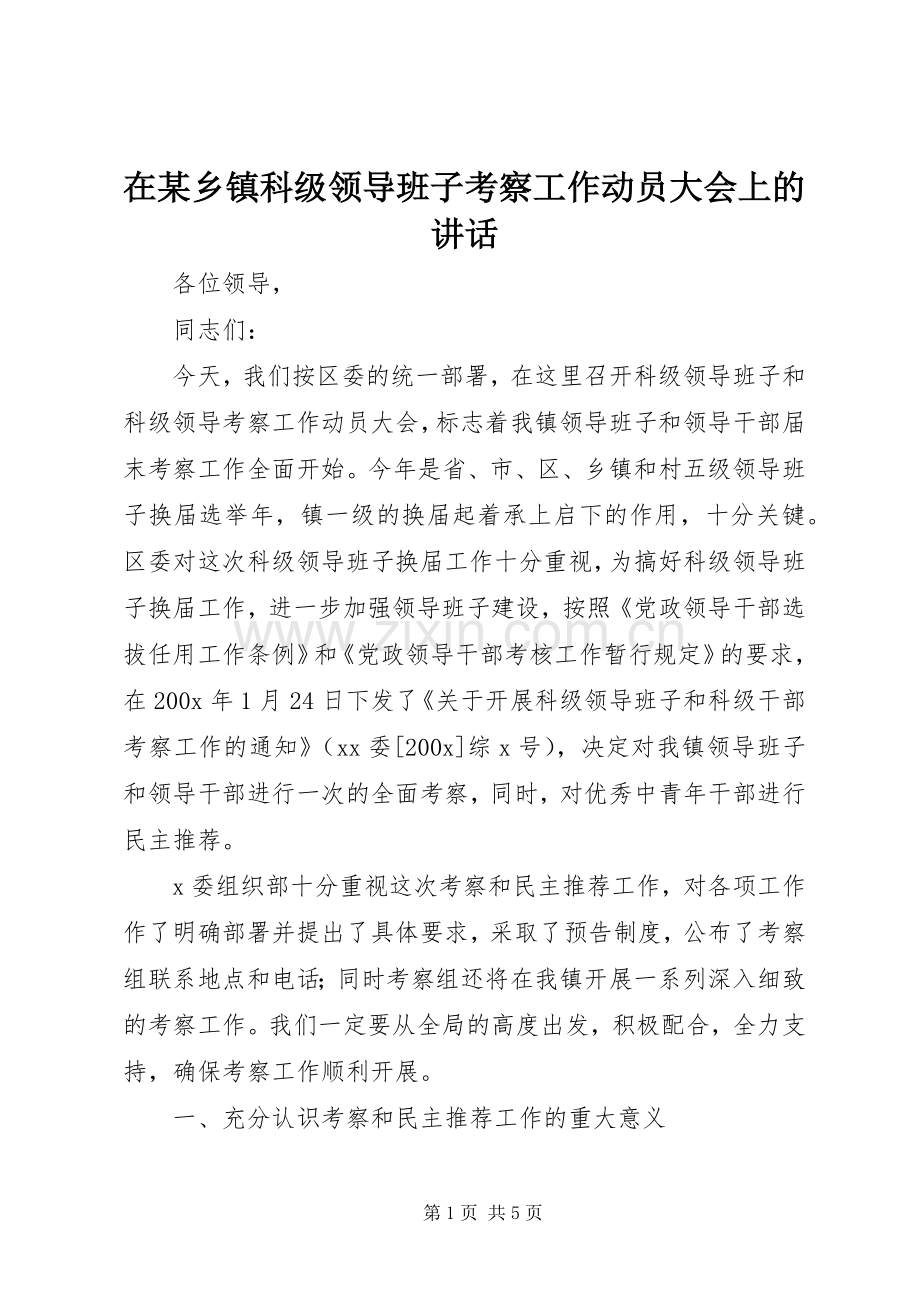 在某乡镇科级领导班子考察工作动员大会上的讲话.docx_第1页