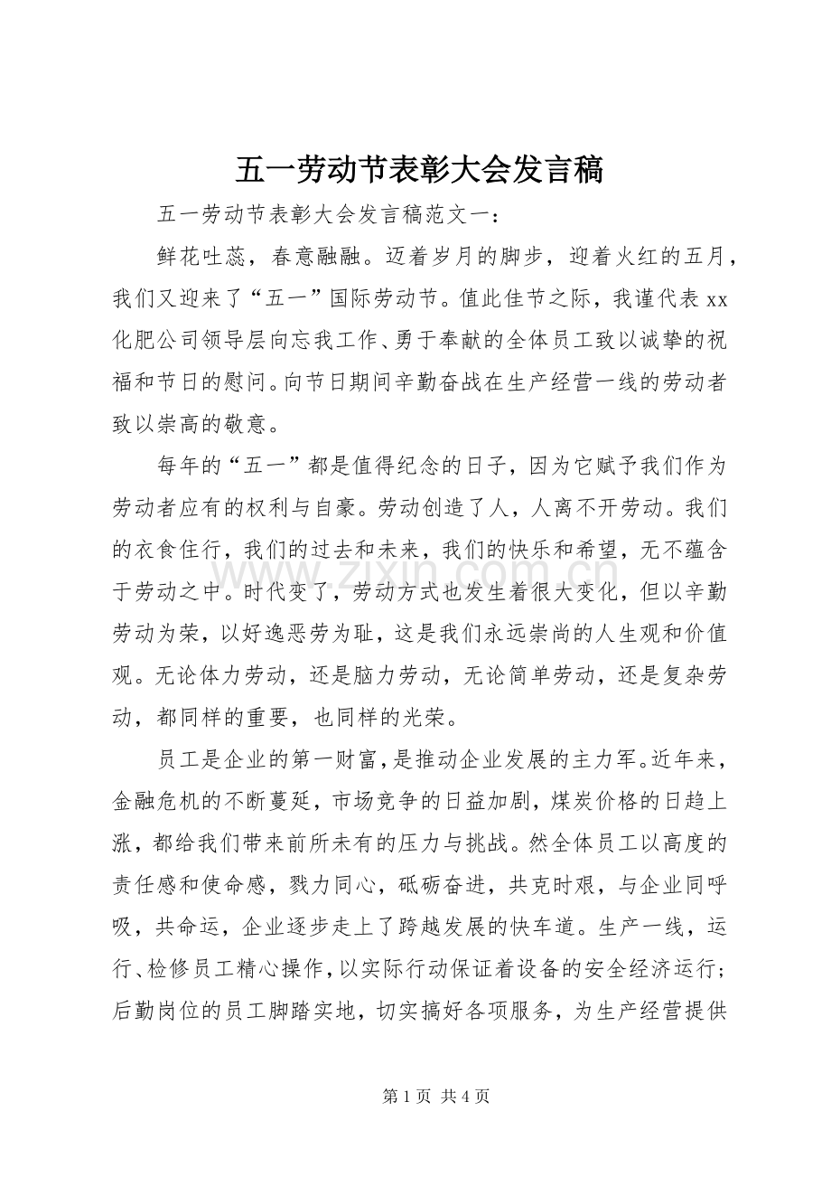 五一劳动节表彰大会发言稿.docx_第1页