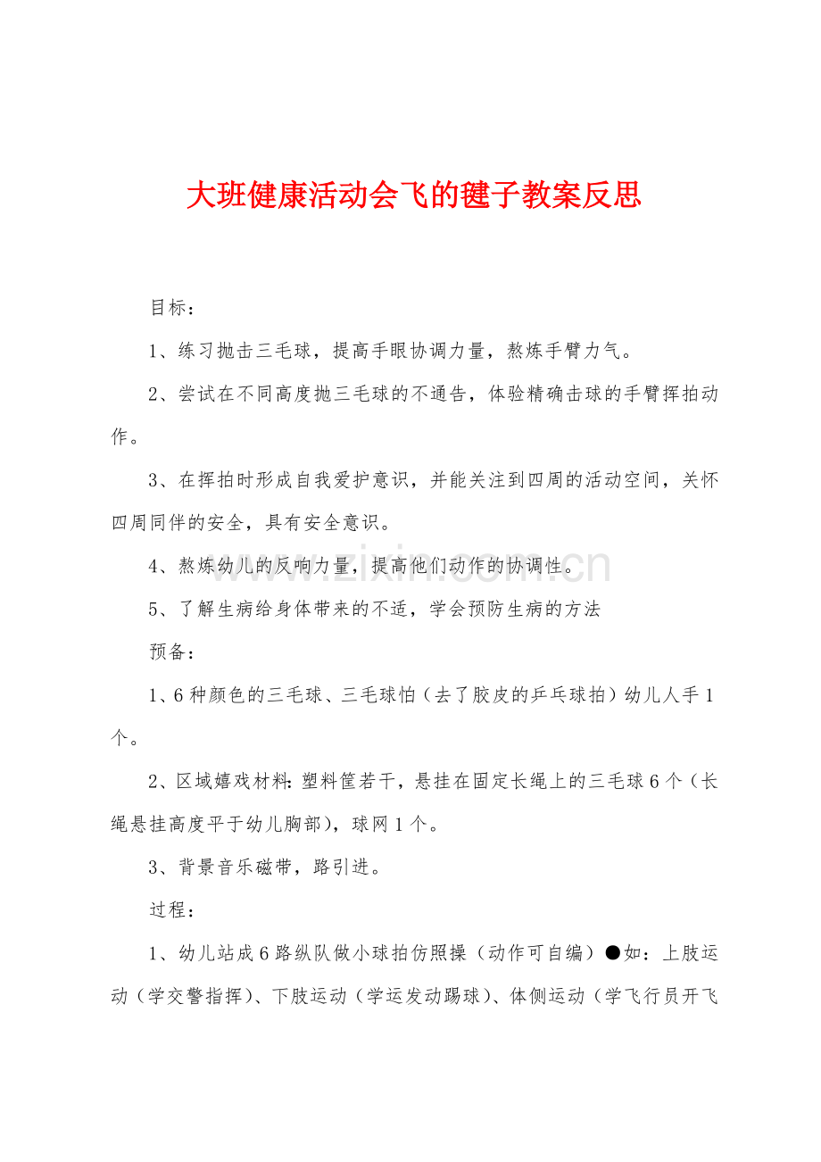 大班健康活动会飞的毽子教案反思.docx_第1页