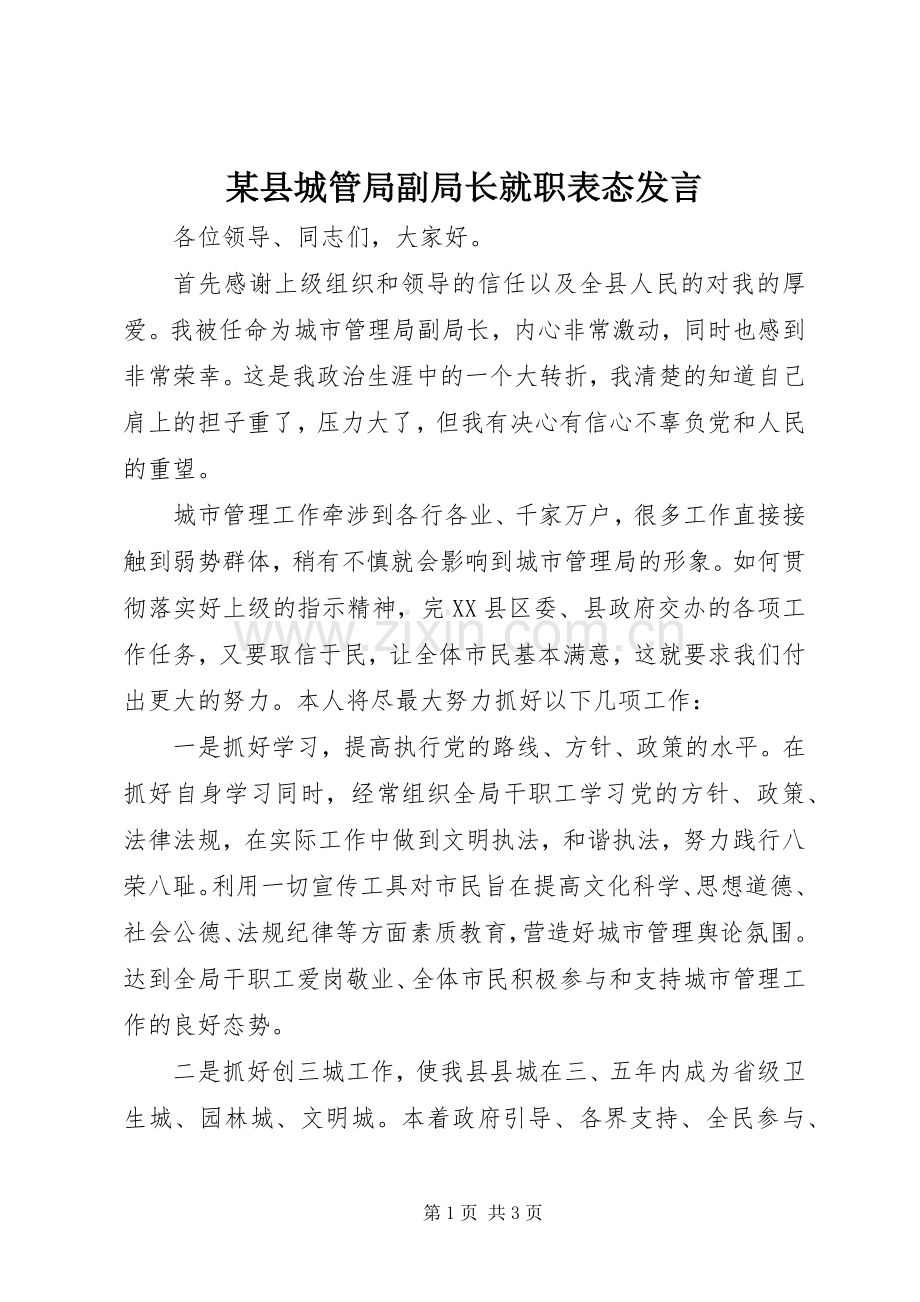 某县城管局副局长就职表态发言.docx_第1页