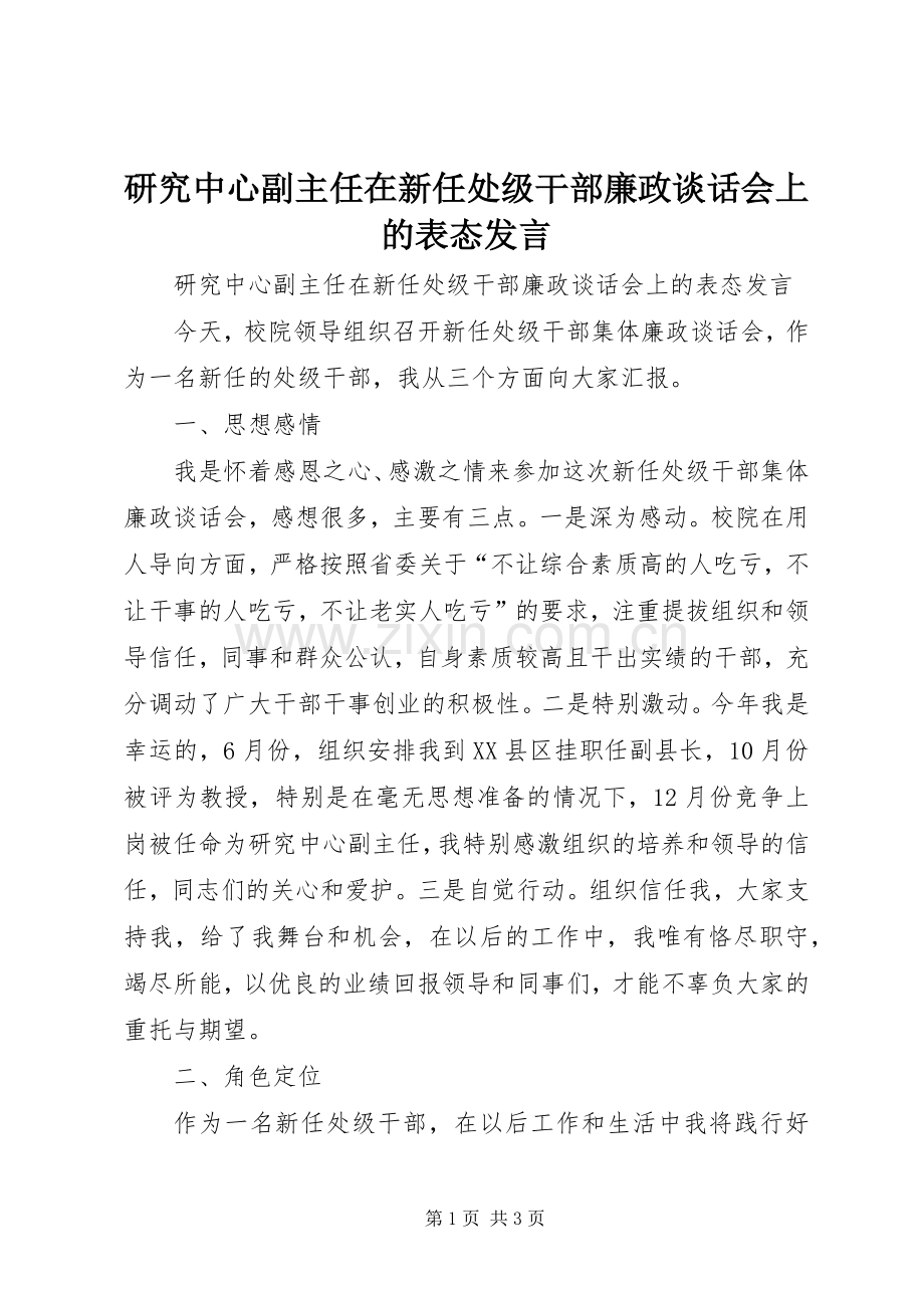 研究中心副主任在新任处级干部廉政谈话会上的表态发言.docx_第1页