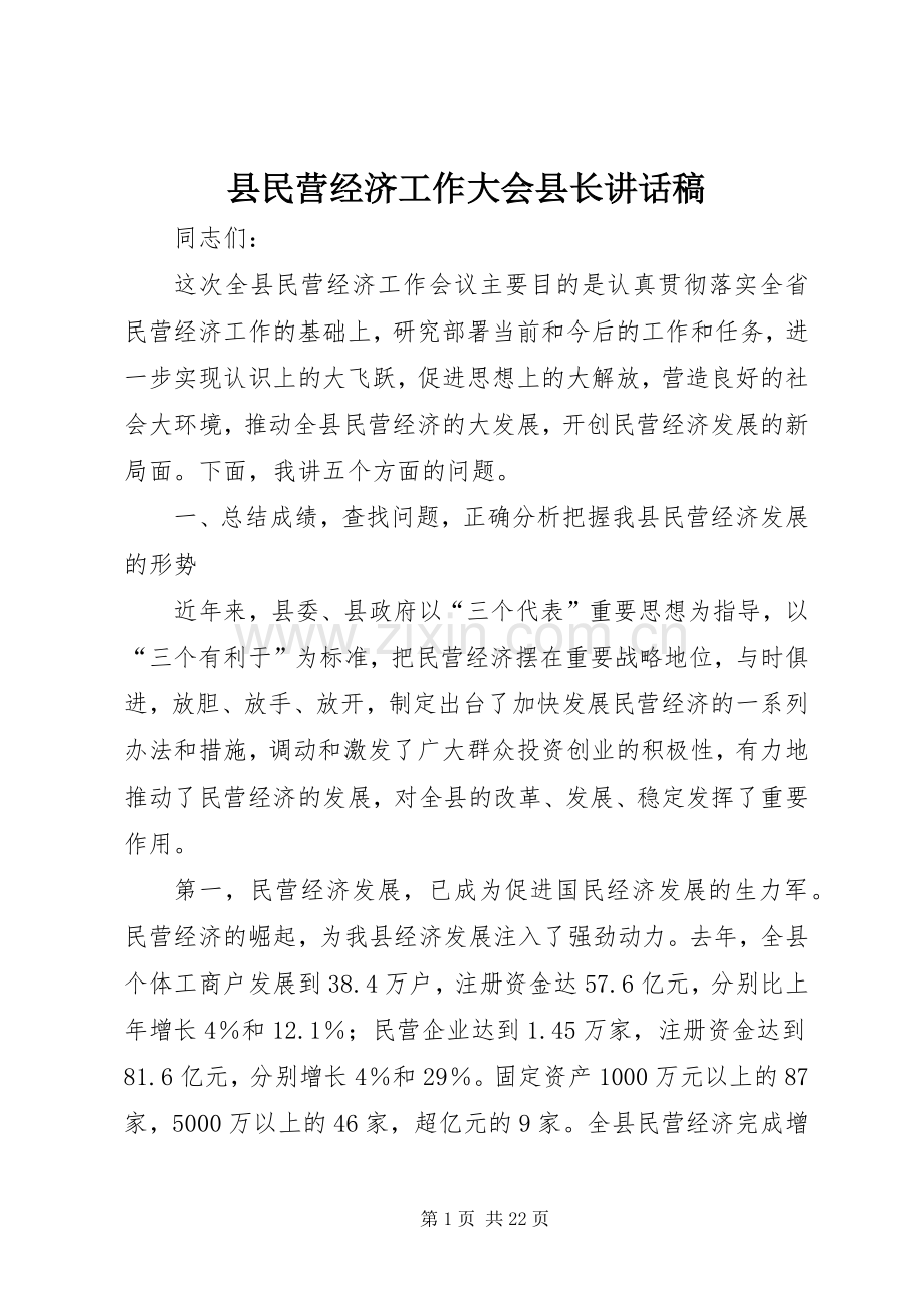 县民营经济工作大会县长讲话稿.docx_第1页