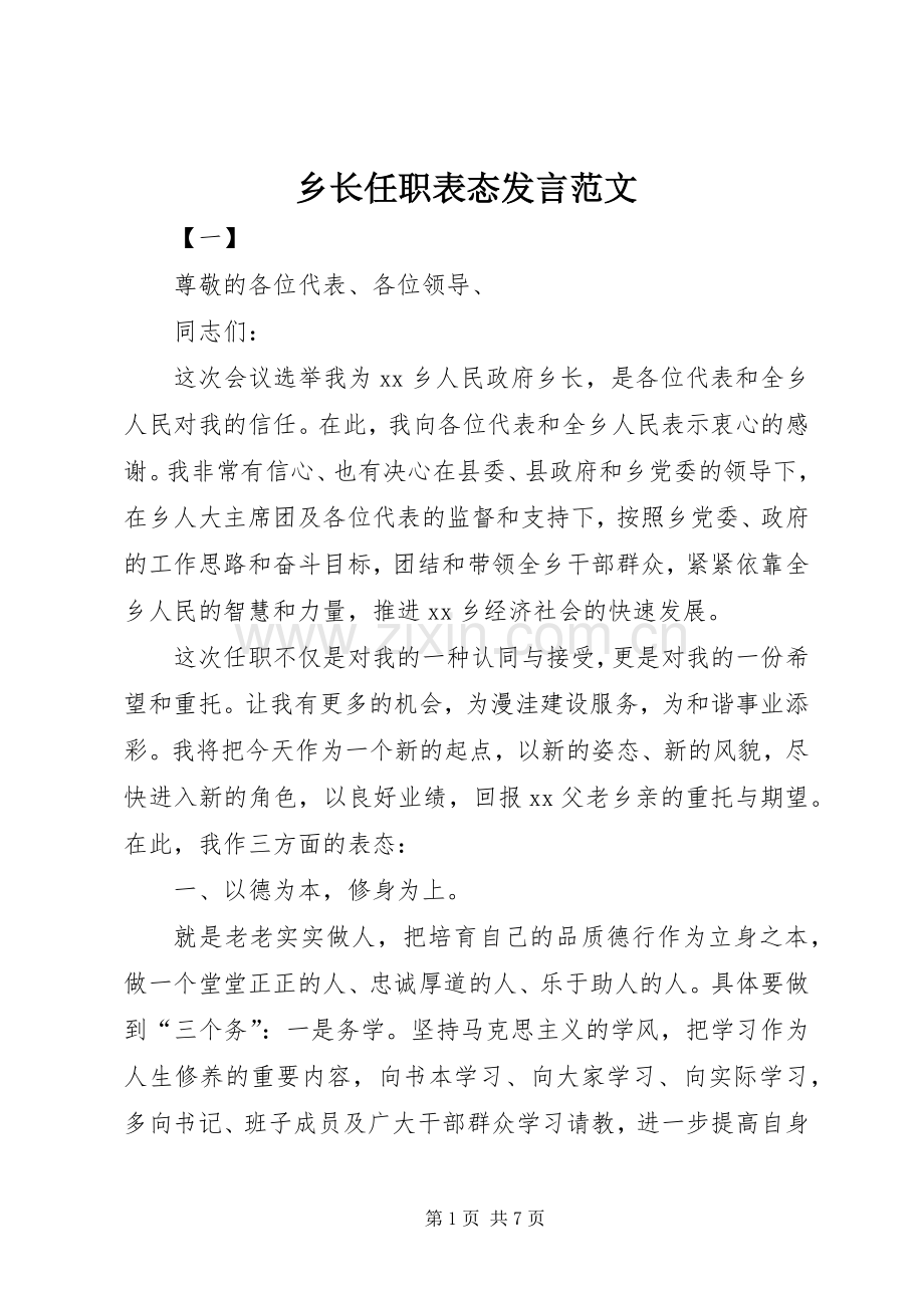 乡长任职表态发言范文.docx_第1页